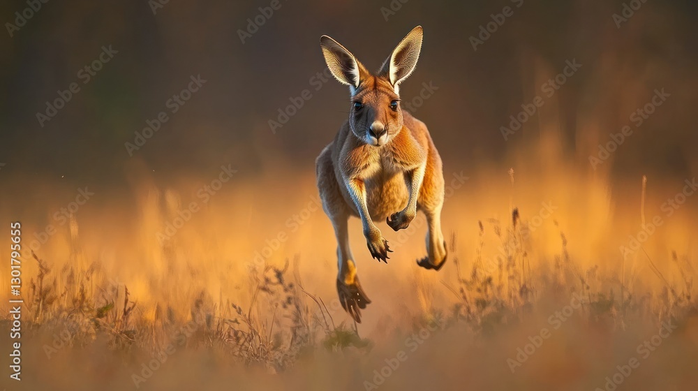 Obraz premium Red kangaroo leaping grassland sunset wildlife nature