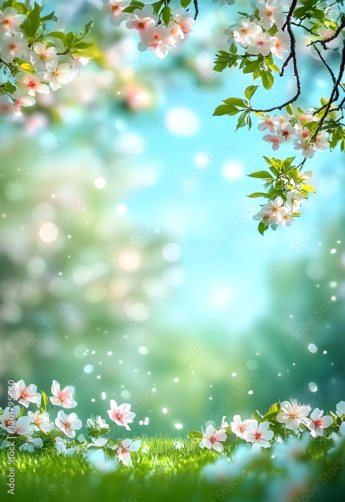 Beautiful blurred spring background nature with blooming glade, trees and blue sky on a sunny day spring poster template with large copy space for text Beautiful blurred spring background nature with blooming glade, trees and blue sky on a sunny day spring poster template with large copy space for text