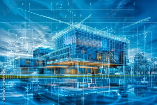 Wallpaper Mural Collage of architectural drawings surrounding a modern house construction blueprint in blue tones Torontodigital.ca