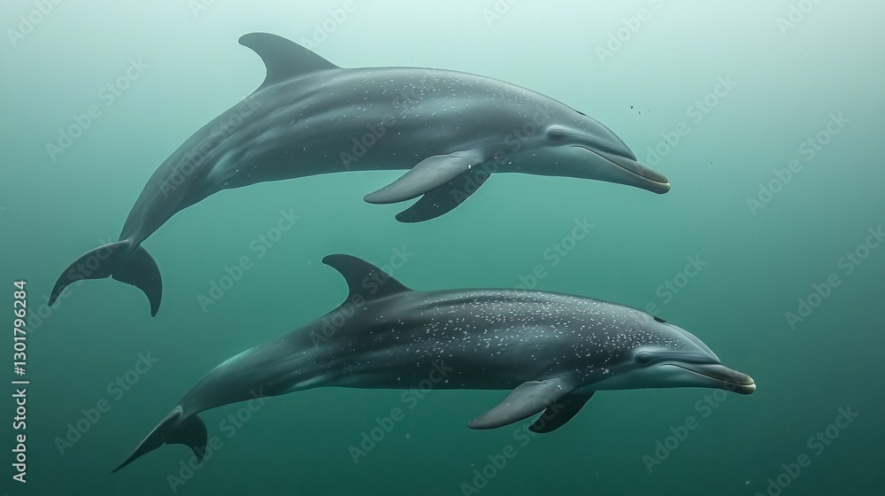 Fototapeta premium Two dolphins swimming ocean depths, sunlight background, marine wildlife