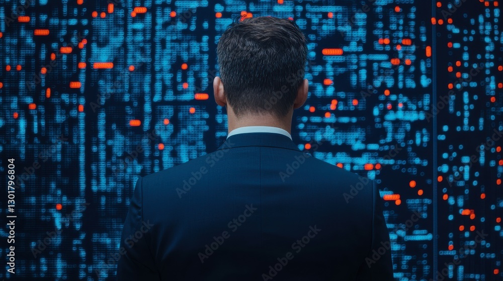 Businessman Analyzing Data on Large Digital Screen Back View Blue and Red Codes Businessman Analyzing Data on Large Digital Screen Back View Blue and Red Codes