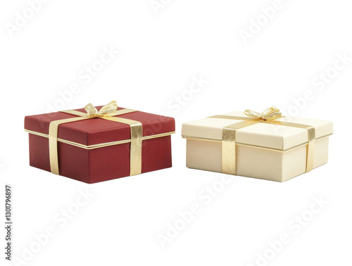 Two different gift boxes with gold ribbons isolated on transparent background featuring red and cream colors for festive gifting ideas