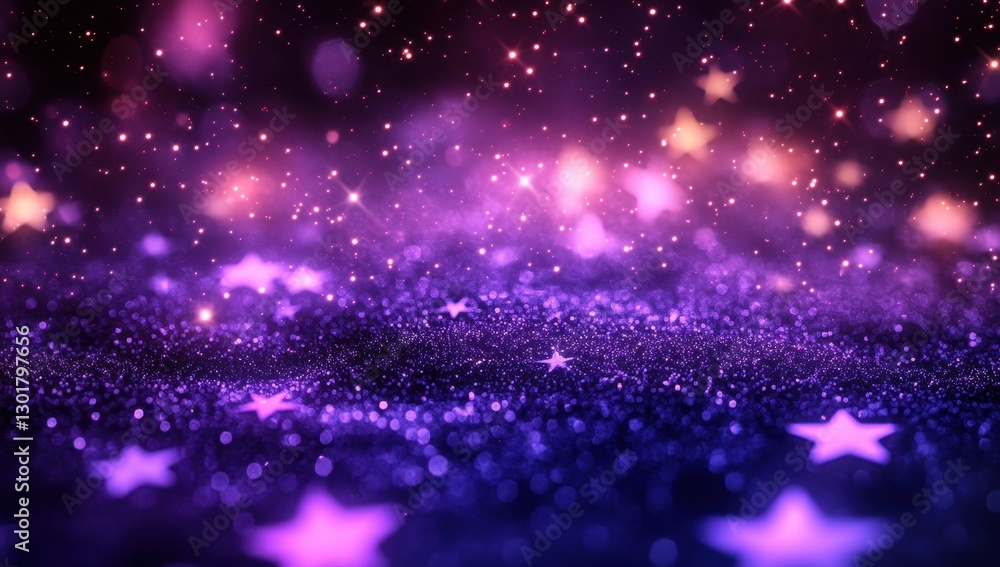 Obraz premium Enchanting Cosmic Background with Twinkling Stars and Shimmering Glitter in Deep Purple and Pink Hues for Magical Themes and Creative Projects