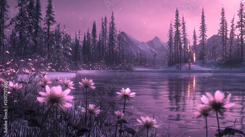 Pink And Purple Winter Lake Landscape With Snowy Mountains And Flowers At Night