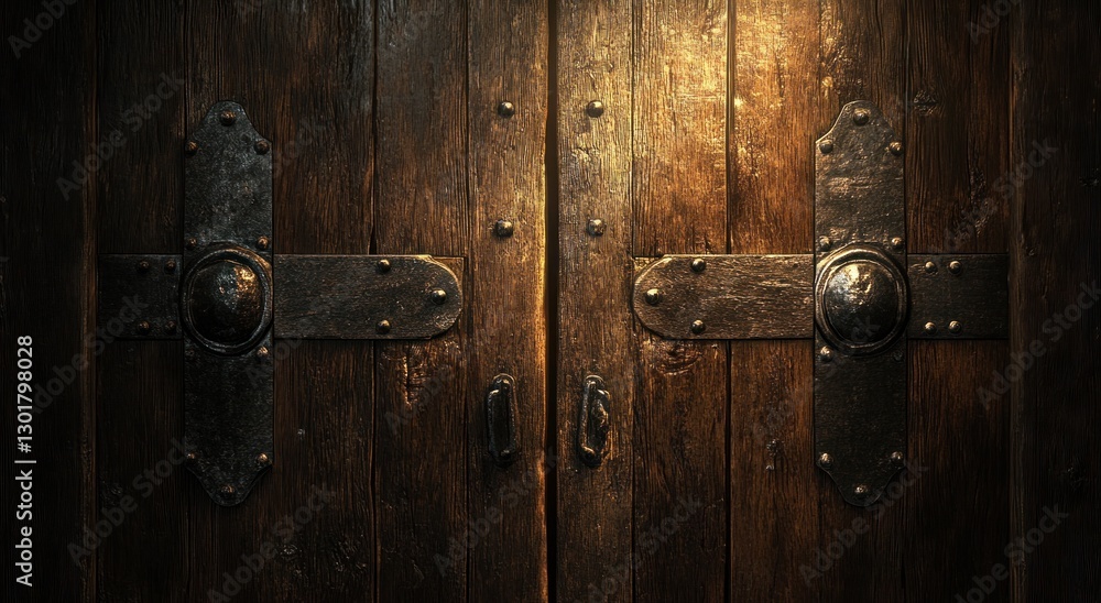 Fototapeta premium Ancient wooden double doors, dimly lit interior, historical ambiance, background image, stock photo