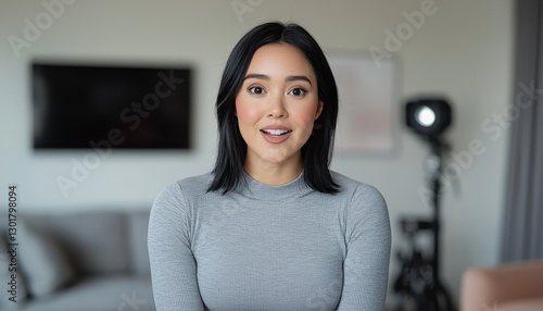 Young woman smiling in modern living space with soft lighting Free Download Young woman smiling in modern living space with soft lighting - GFXLoad