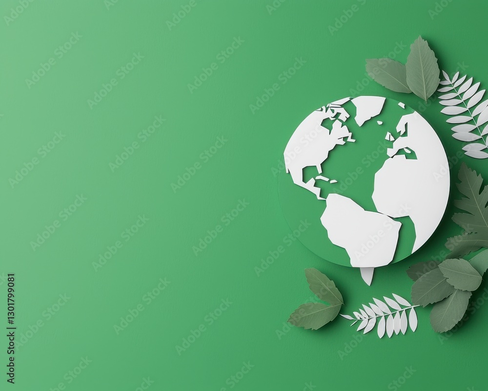 Sustainable Earth Concept Paper Cutout Globe with Green Leaves on Green Background Sustainable Earth Concept Paper Cutout Globe with Green Leaves on Green Background