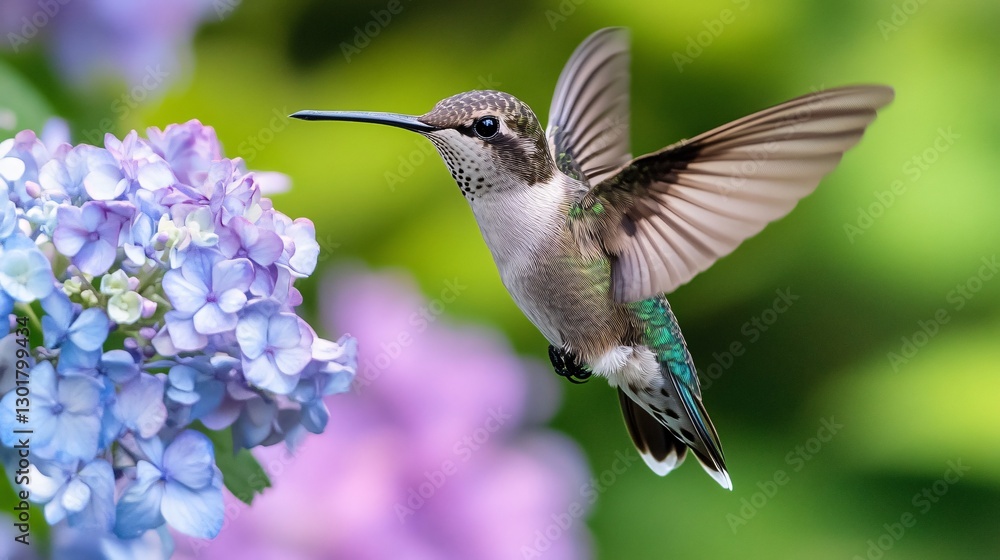 Naklejka premium Graceful Hummingbird Hovering on Beautiful Hydrangea Blossom for Nature Photography Enthusiasts
