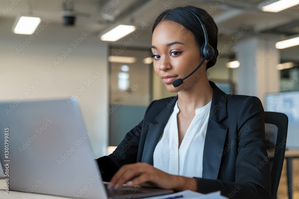 Focused diverse African American call center agent working on a laptop while assisting customers in a modern office. Focused diverse African American call center agent working on a laptop while assisting customers in a modern office.