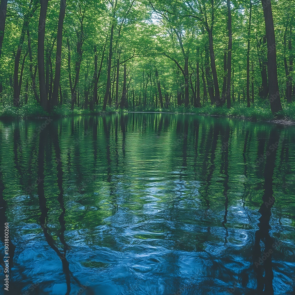 Tranquil forest waterway reflection, lush trees mirrored in calm water Tranquil forest waterway reflection, lush trees mirrored in calm water