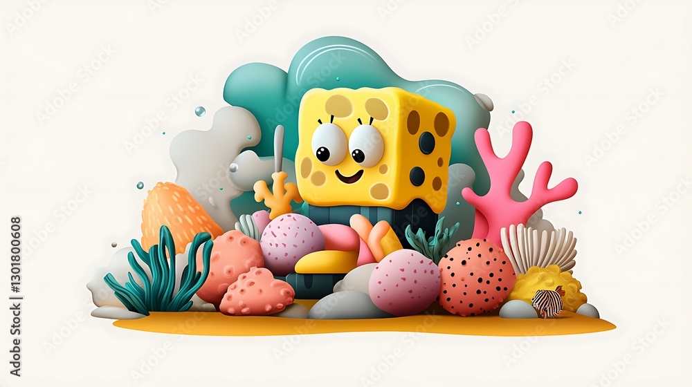 Obraz premium Playful 3D Render of a Sponge Character in an Underwater Scene AI Generated