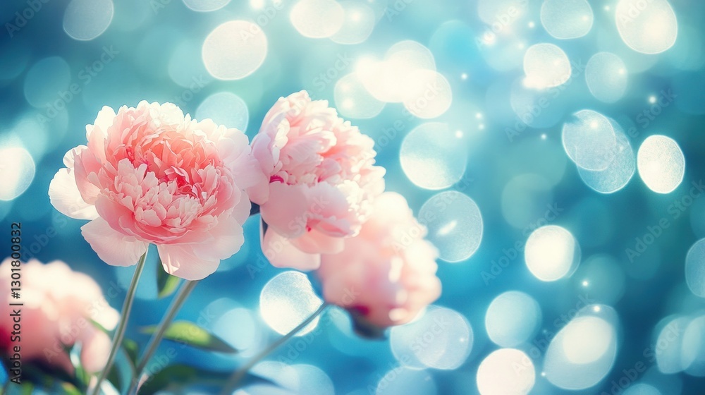 Pink peonies blooming garden bokeh spring background card