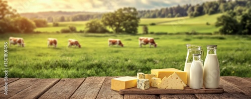 Fresh Dairy Products In Beautiful Countryside Setting With Cows Grazing On Green Pasture Under Bright Sky And Soft Clouds