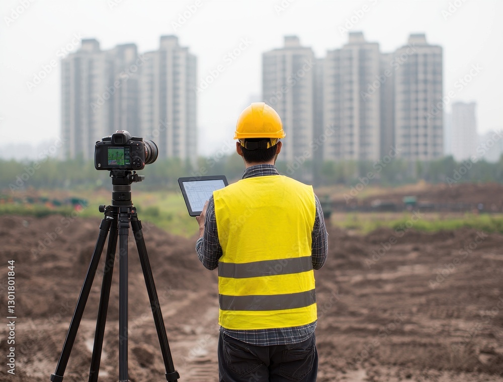 custom made wallpaper toronto digitalConstruction Worker with Camera and Tablet in Urban Development Area