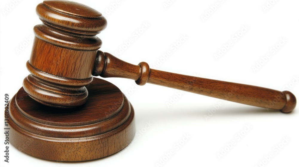 Wooden gavel on sound block, white background, justice concept, legal image Wooden gavel on sound block, white background, justice concept, legal image