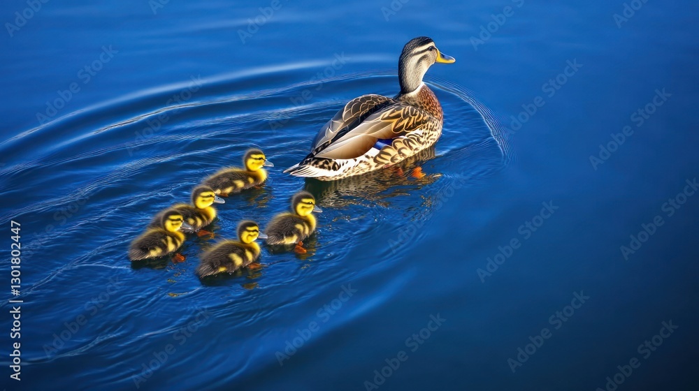 Mother duck leading ducklings on calm lake, sunny day, nature scene, family, wildlife Mother duck leading ducklings on calm lake, sunny day, nature scene, family, wildlife