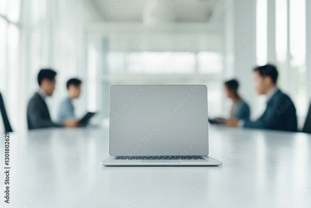 Modern Laptop on Conference Table with Blurred Business Professionals in Meeting Modern Laptop on Conference Table with Blurred Business Professionals in Meeting