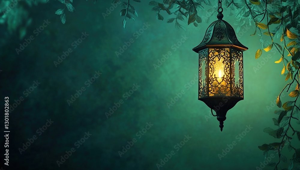 Ornate Metal Lantern Hanging Among Dark Green Leaves at Night Ornate Metal Lantern Hanging Among Dark Green Leaves at Night