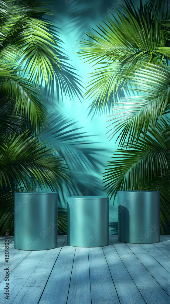 Obraz premium 3D Illustration Tropical Palm Leaves Backdrop Product Display Podium
