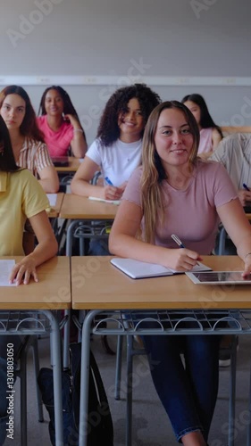 Vertical.. Smiling group of university college sitting at classroom looking at camera. Portrait of cheerful Students of high school. study together. People, education and community people