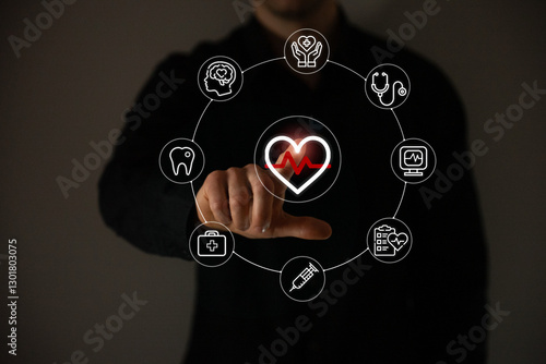 Man touching virtual healthcare interface with medical icons, including heart rate, symbolizing digital health technology and telemedicine innovation.  Medical technology network concept.