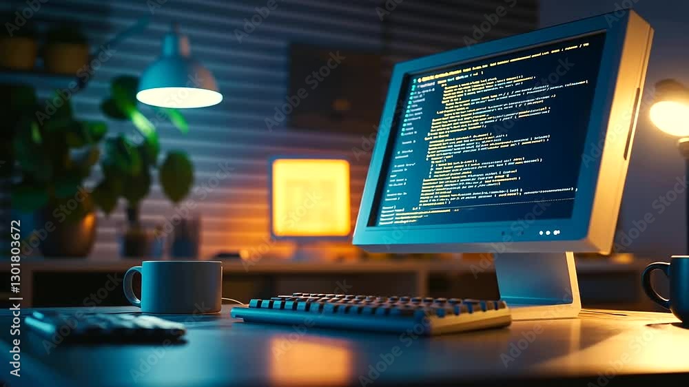 A nostalgic scene featuring a classic desktop computer running a coding terminal in a vintage garage setting. A nostalgic scene featuring a classic desktop computer running a coding terminal in a vintage garage setting.