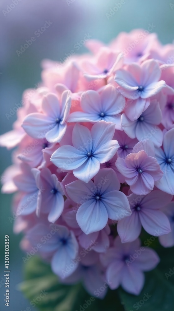 Soft Pastel Hydrangea Cluster with Water Droplets and Blurred Floral Background, Capturing a Serene Morning Light Soft Pastel Hydrangea Cluster with Water Droplets and Blurred Floral Background, Capturing a Serene Morning Light