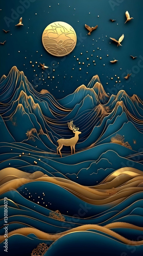 3D Illustration Golden Deer...