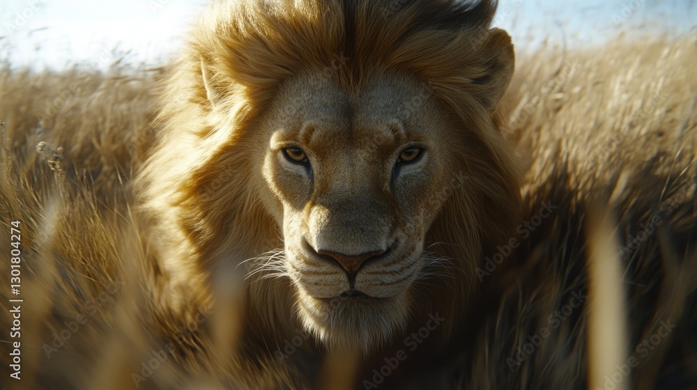 Naklejka premium Majestic lion stalking savanna, windblown mane, sunrise