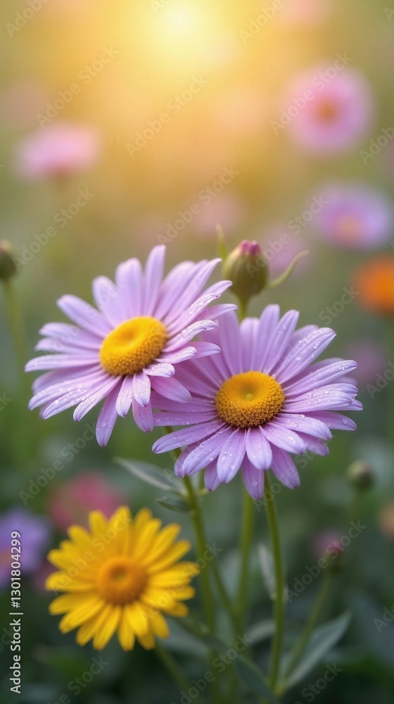 Vibrant Flower Duo: Soft Lavender-Hued Asters with Bright Golden-Yellow Daisies, Tiny Morning Dew Droplets, Pastel Green Background, Dreamy Countryside Atmosphere Vibrant Flower Duo: Soft Lavender-Hued Asters with Bright Golden-Yellow Daisies, Tiny Morning Dew Droplets, Pastel Green Background, Dreamy Countryside Atmosphere