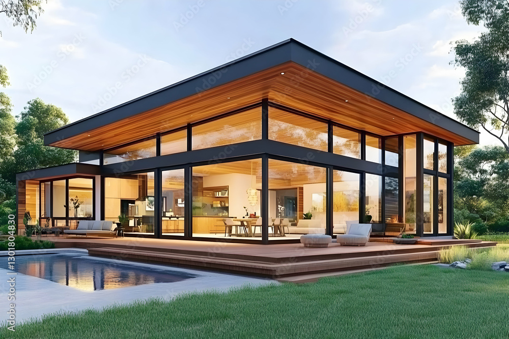 3D Illustration Modern Home Architecture Design, Pool, Patio, and Landscaping 3D Illustration Modern Home Architecture Design, Pool, Patio, and Landscaping