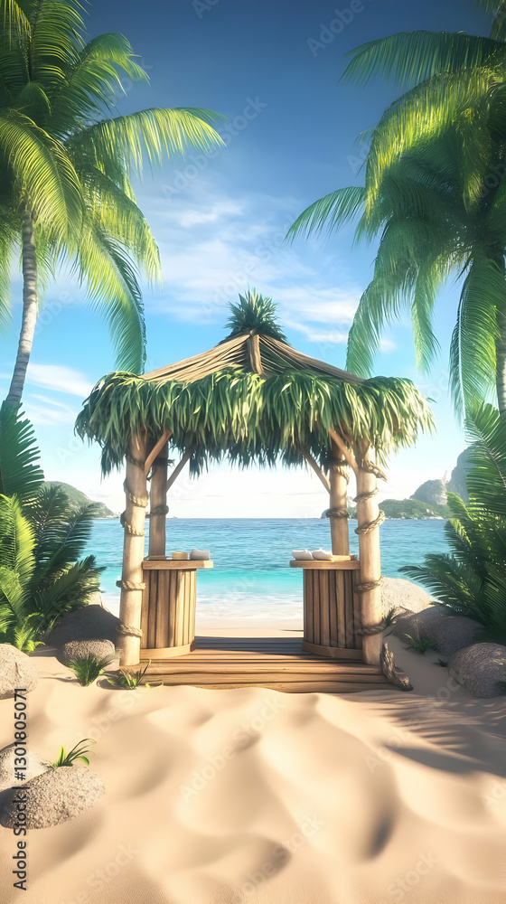 Fototapeta premium 3D Render Tropical Beach Hut Paradise Illustration