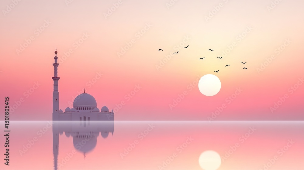 Obraz premium misty mosque silhouette with sun and birds at sunrise over reflective water
