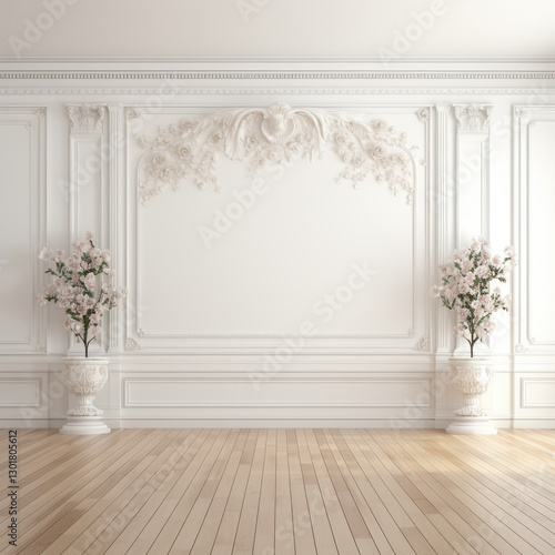 Elegant interior with floral decorations and wooden flooring, featuring ornate wall design and potted plants. serene and sophisticated atmosphere is created by soft colors and intricate details