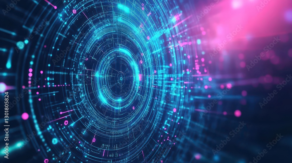 Fototapeta premium Futuristic Abstract Background in Vibrant Blue and Pink Colors Featuring Geometric Circles Creating a Dreamy and Enigmatic Digital Atmosphere