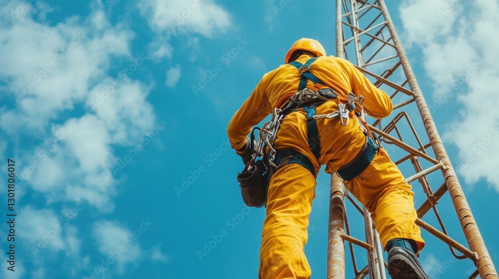 custom made wallpaper toronto digitalWorker Climbing Communication Tower Under Bright Blue Sky