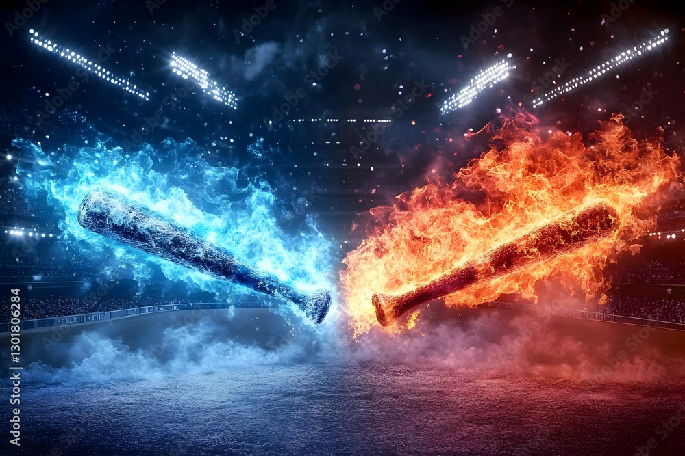 Fototapeta premium Illustration - Fire and Ice Baseball Bats Clash in Dramatic Stadium Showdown