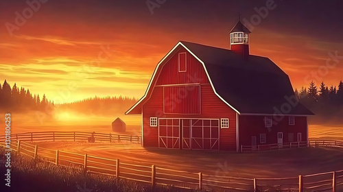Illustration Red Barn Sunse...