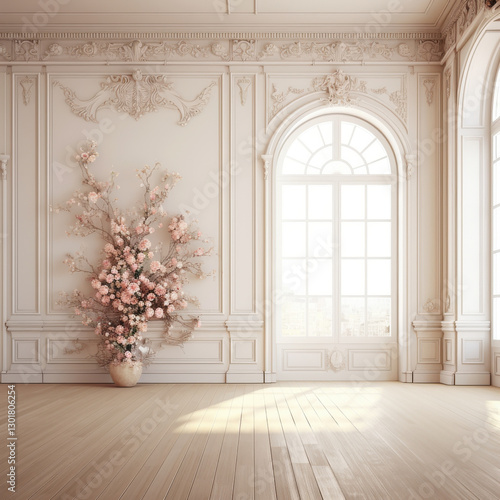 beautifully designed interior featuring large floral arrangement in vase against elegant wall. soft light filters through large windows, creating serene atmosphere