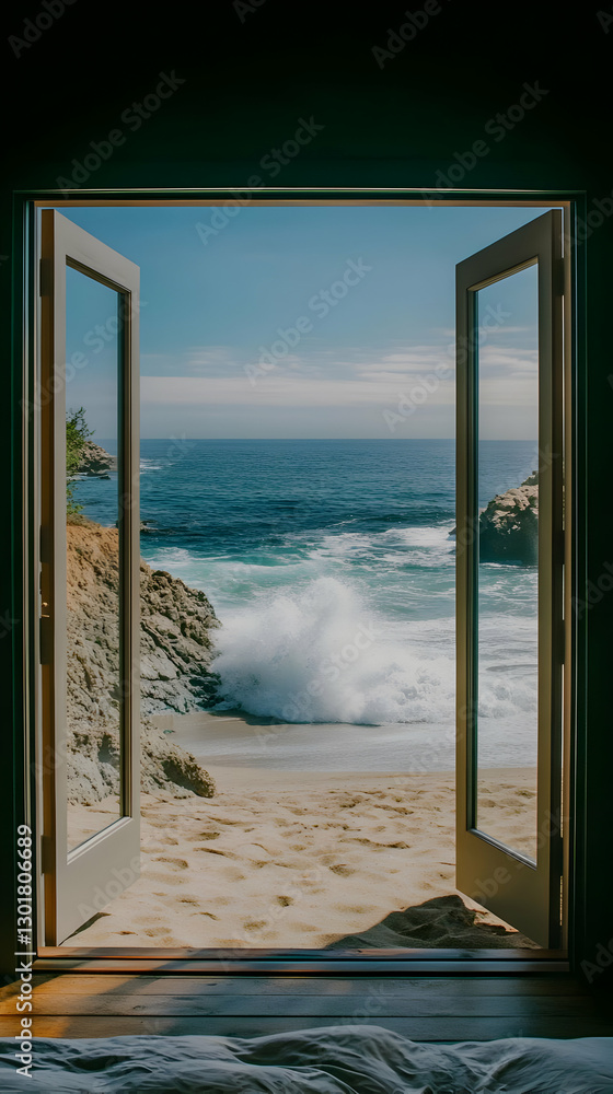 Fototapeta premium Photo Ocean View Beach House Open Doors Coastal Living Waves Relaxation Travel