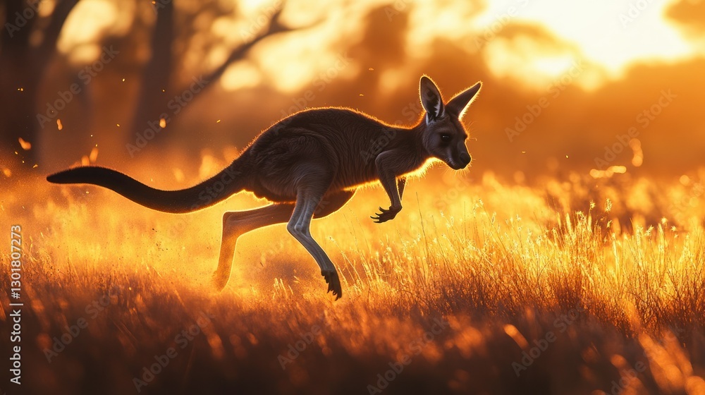 Kangaroo leaping sunset grassland outback wildlife Kangaroo leaping sunset grassland outback wildlife
