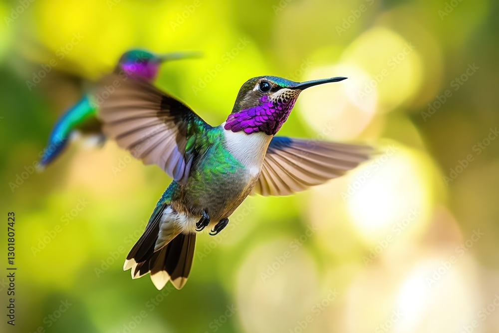 Two hummingbirds in flight, one in sharp focus, showcasing vibrant plumage against a blurred green background. Two hummingbirds in flight, one in sharp focus, showcasing vibrant plumage against a blurred green background.