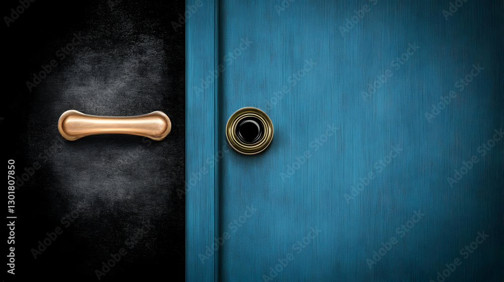 Obraz premium Photo Background - Blue Door, Black Wall, Door Handle, Peephole