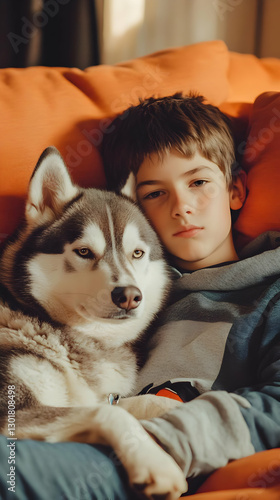 Photo Boy and Husky Dog Rel...