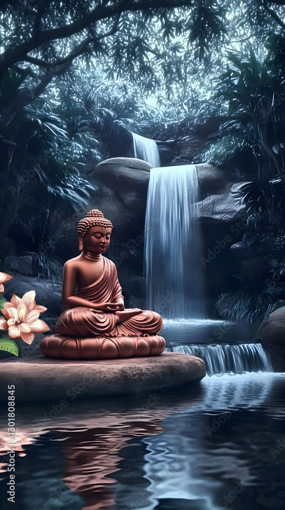 Illustration - Serene Buddha Statue by Waterfall in Lush Forest Illustration - Serene Buddha Statue by Waterfall in Lush Forest