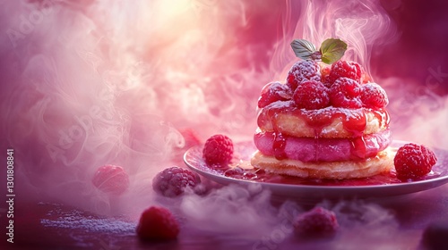 Pink Raspberry Pancakes Dessert with Smoke and Glaze