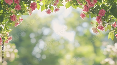 Pink Roses Blooming in Sunlight, Green Leaf Background