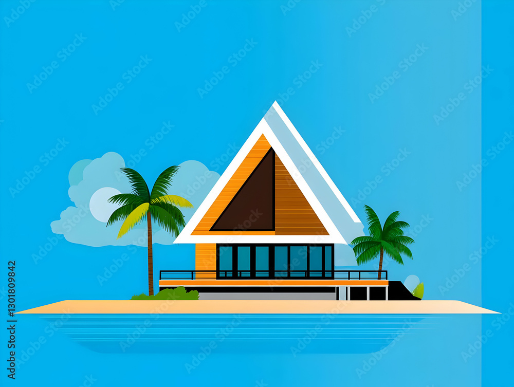 Obraz premium Illustration Tropical Island Getaway Beach House Ocean Palm Trees Clouds Sky