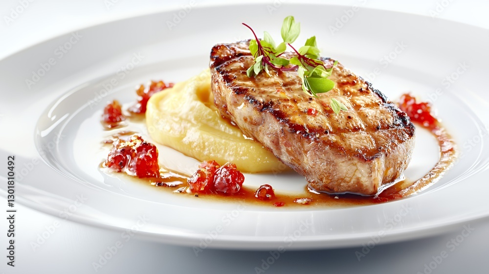 Grilled Pork Chop with Creamy Polenta and Red Pepper Sauce Grilled Pork Chop with Creamy Polenta and Red Pepper Sauce