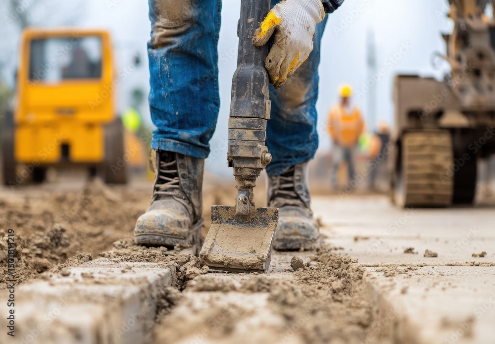 Construction Worker Using Jackhammer on Urban Job Site Construction Worker Using Jackhammer on Urban Job Site